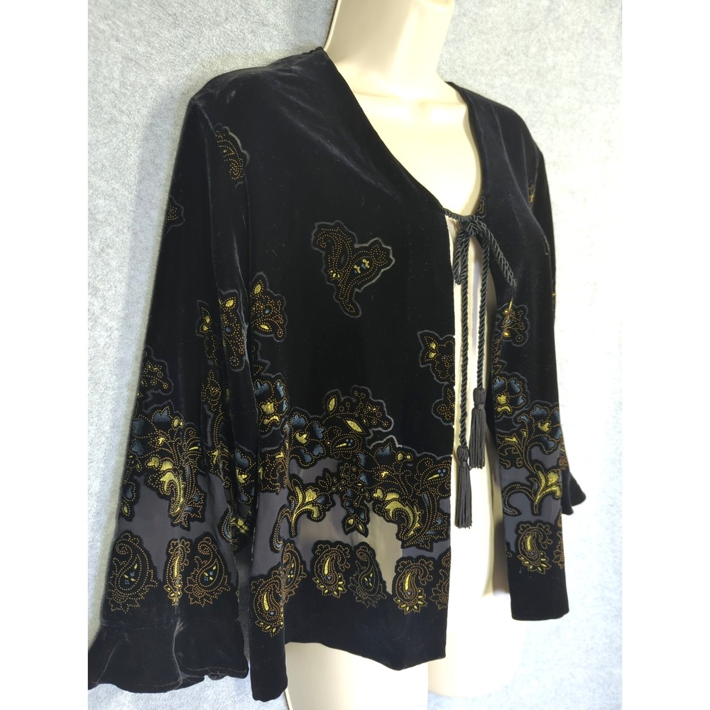 Vtg FROXX Black Velvet Burn Out Jacket M Gold Metallic Accent Design Whimsigoth